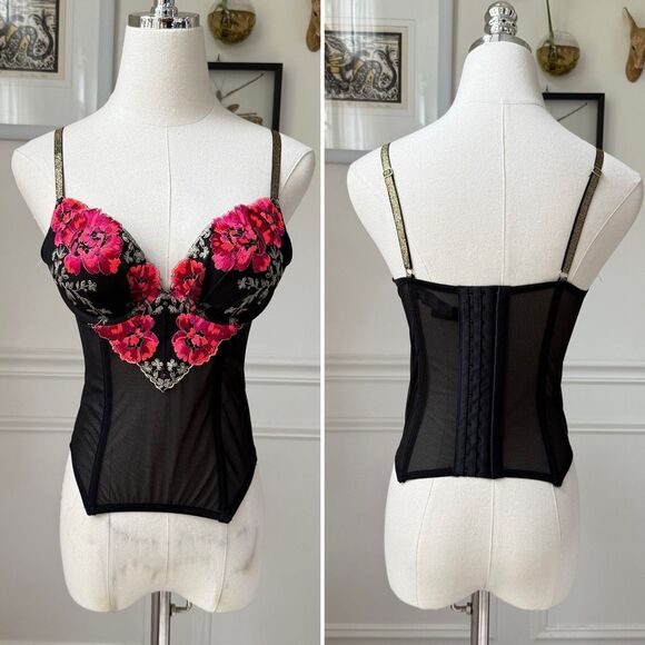 Victoria Secret Bustier Top 34B Black Floral Embroidered Mesh Dark Fairy Witchy - Picture 1 of 6